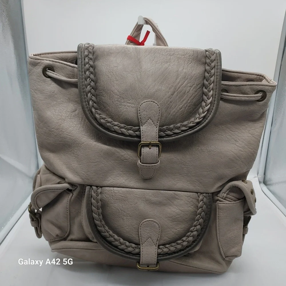 Montana West Women's Beige Faux Leather Braided‎ Buckle Flap Backpack MWC 043AGY
